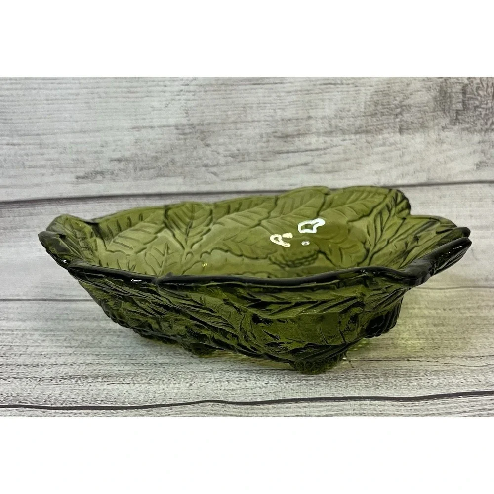 Vintage Green Indiana Glass Loganberry &‎ Leaf Pattern Candy Trinket Dish Bowl